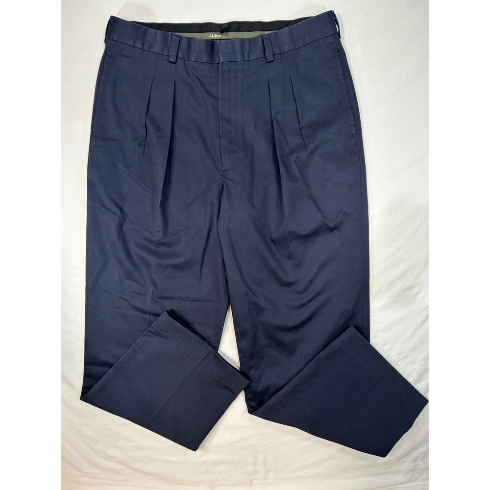 LL Bean Classic Fit Preppy Pleated Chinos Mens 35x30 Navy Blue Cotton Trousers‎